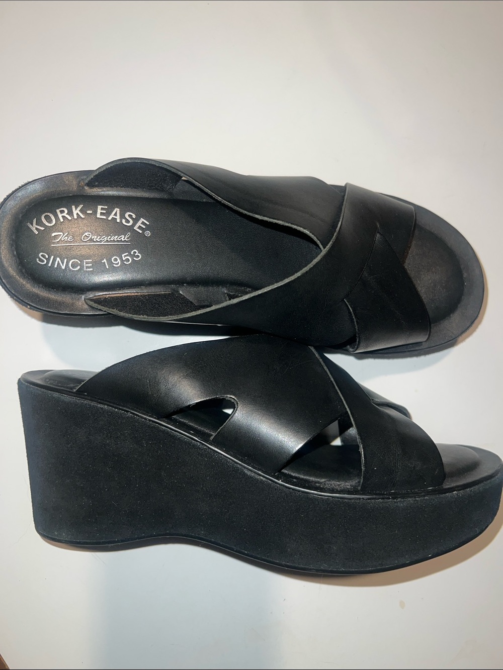 Kork-Ease Black Leather wedge Crisscross Wedge Sandal